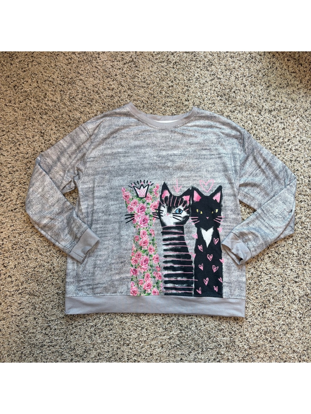 Pixie Lady XL Gray Cat Sweater Pink Floral Cozy Top, Gift Idea, Fall Style